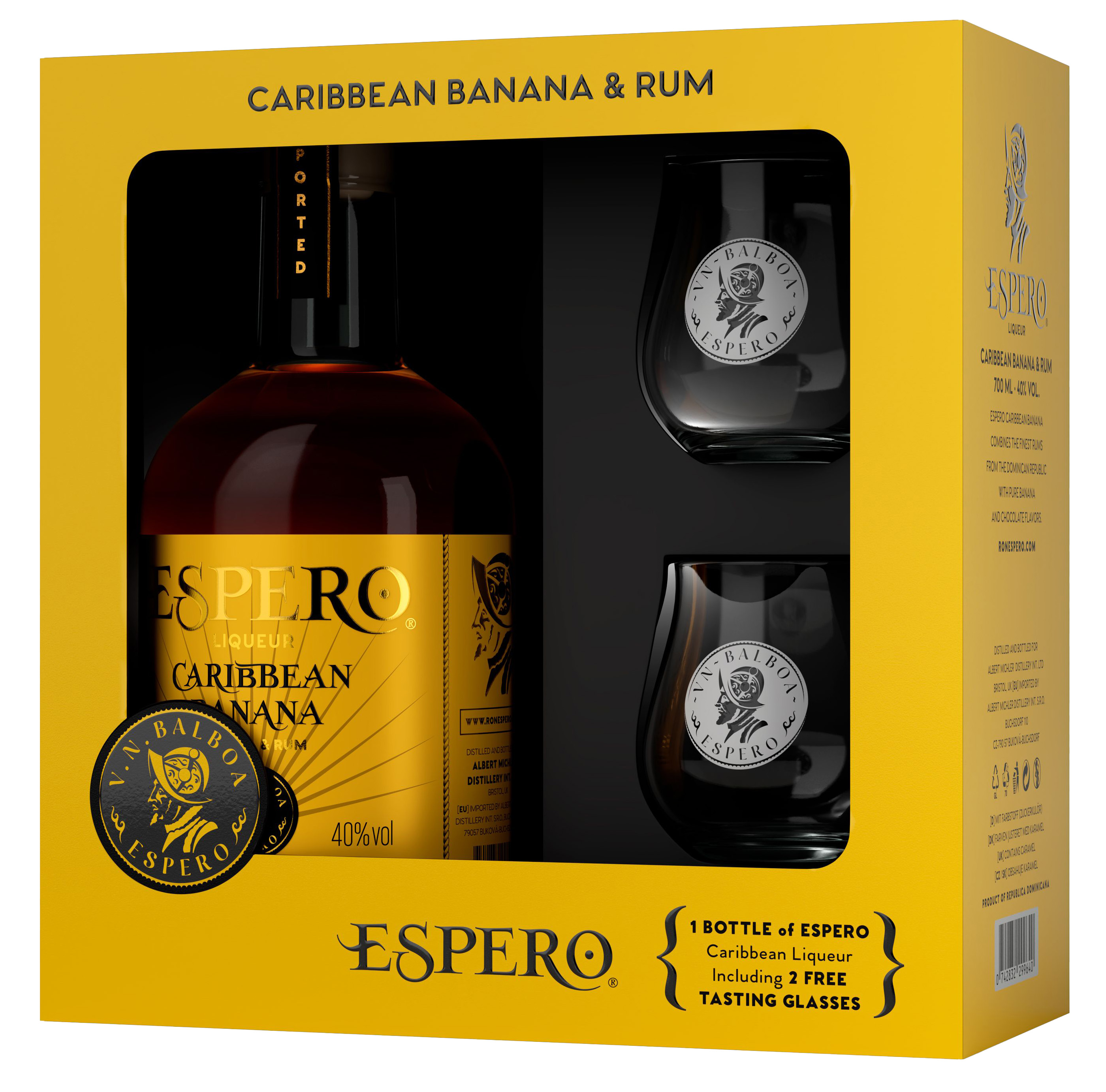Espero Caribbean Banana & Rum + 2 Glazen 0,7L 40% – Dominicaanse bananenrumlikeur, incl. glazen
