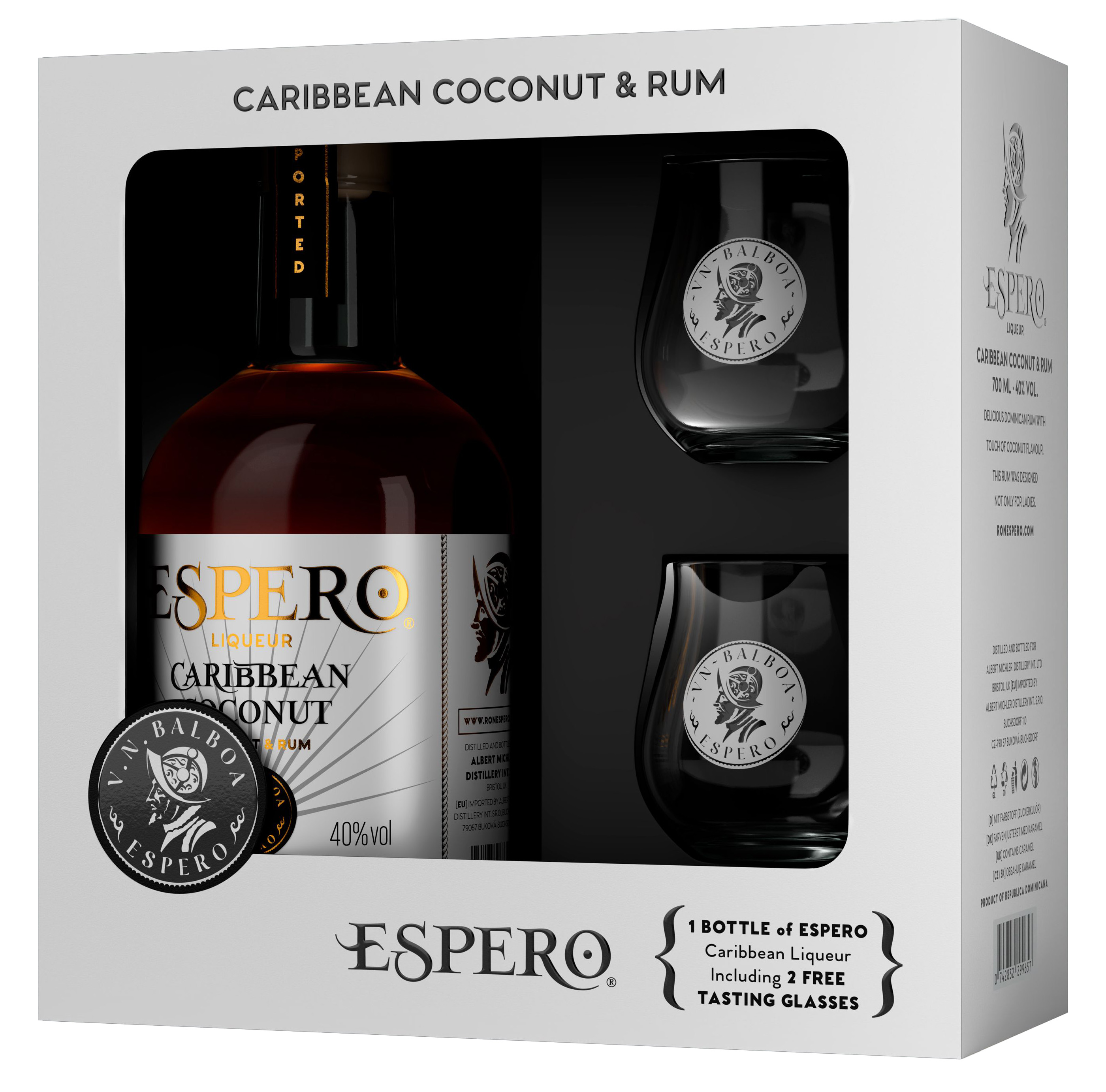 Espero Caribbean Coconut & Rum + 2 Glazen 0,7L 40% – Dominicaanse kokosrumlikeur, incl. glazen