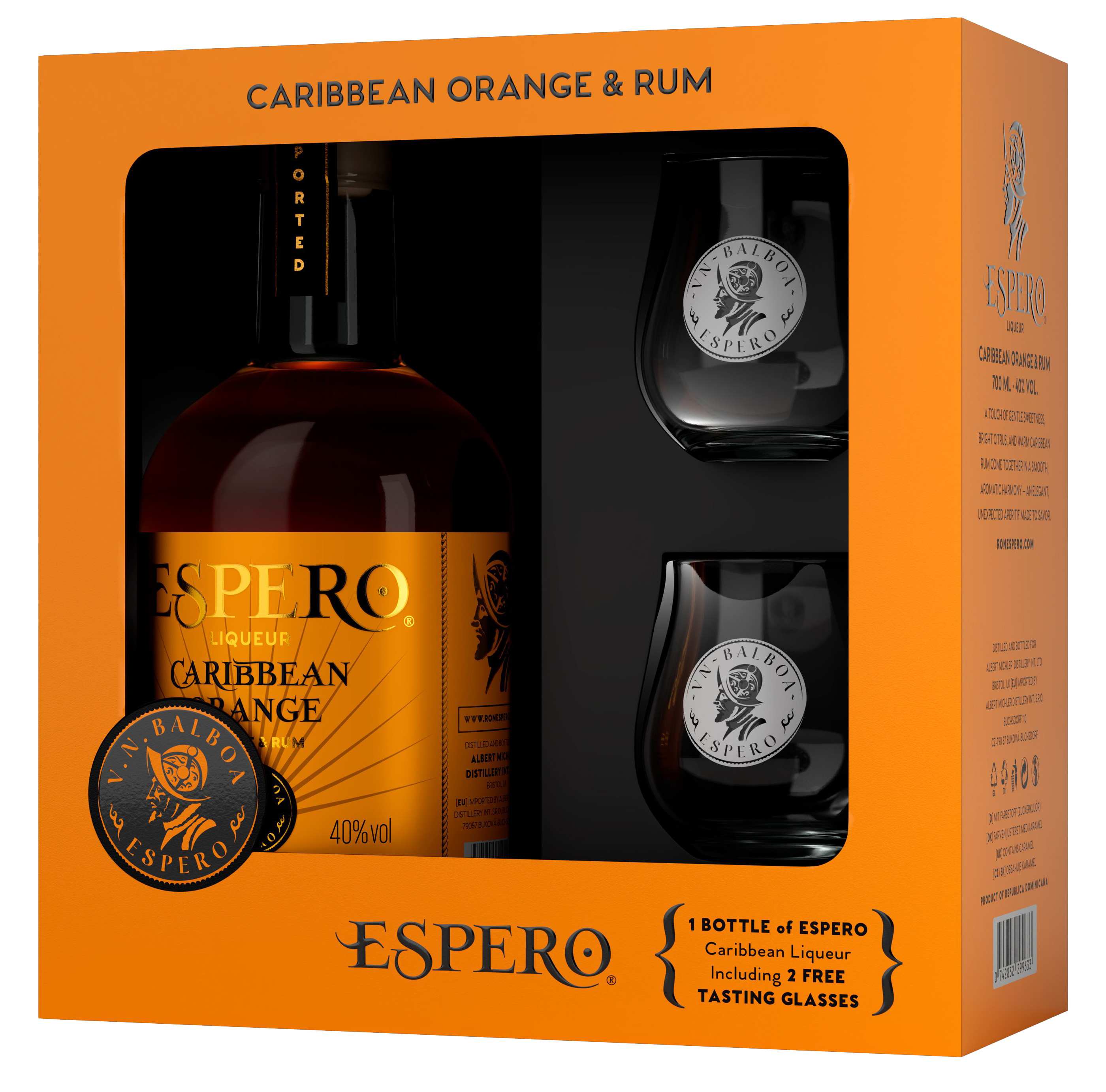 Espero Caribbean Orange & Rum + 2 Glazen 0,7L 40% – Dominicaanse Solera-rumlikeur met sinaasappelschil