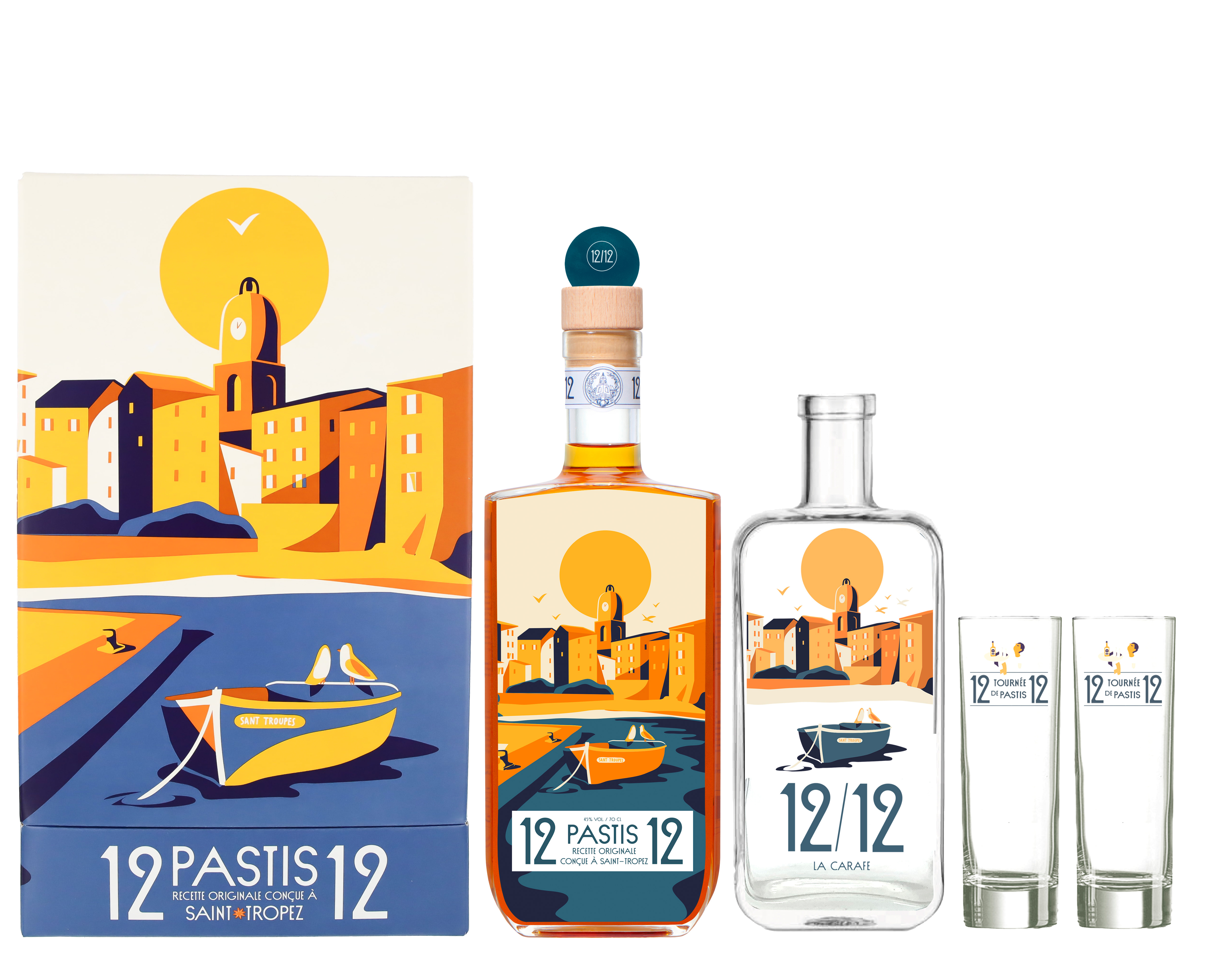 12/12 Pastis de Saint Tropez Vue du Large Set 0,7L 45% + Karaf + 2 Glazen – Exclusieve Franse Pastisset